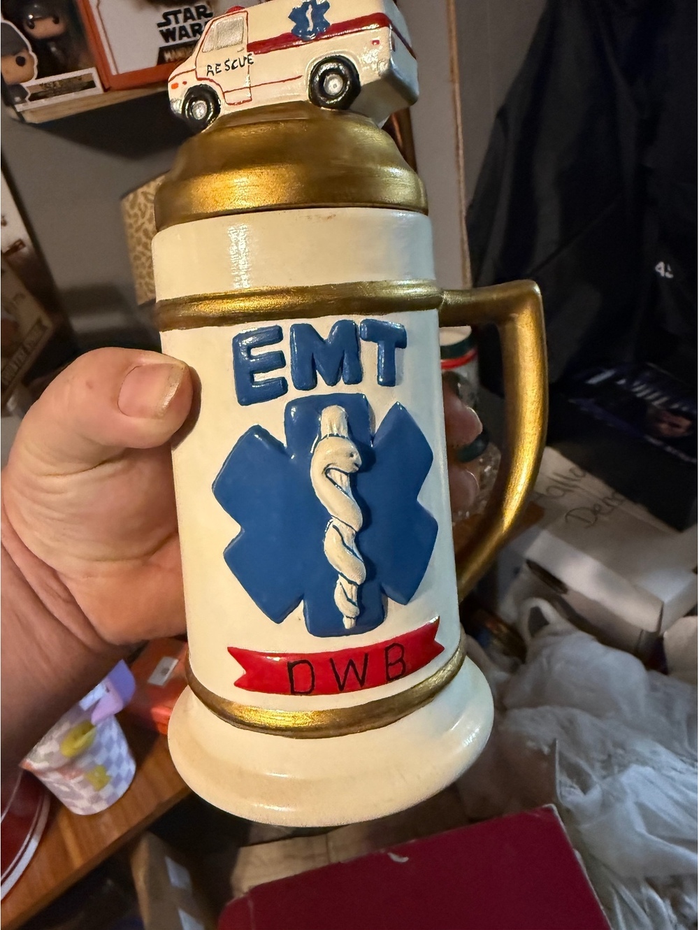 Vintage EMT Ceramic Stein Mug with Ambulance Lid - DWB Inscription